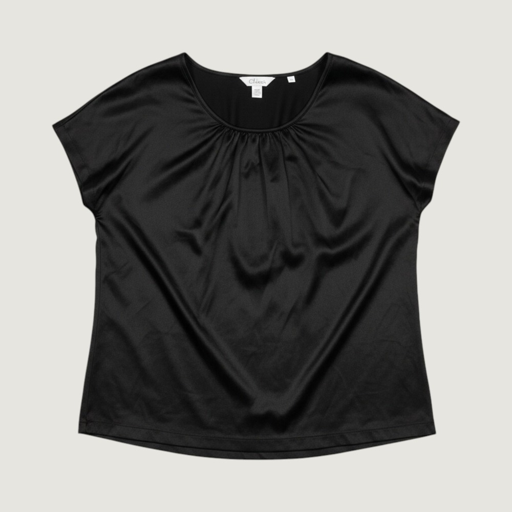 Chico's Silk Front Top Women Size 2 Black Mixed Media Bubble Hem Short Sleeve